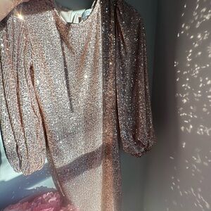 Ivy City Co Shimmering Sequin Long Sleeve Dress in Pink
